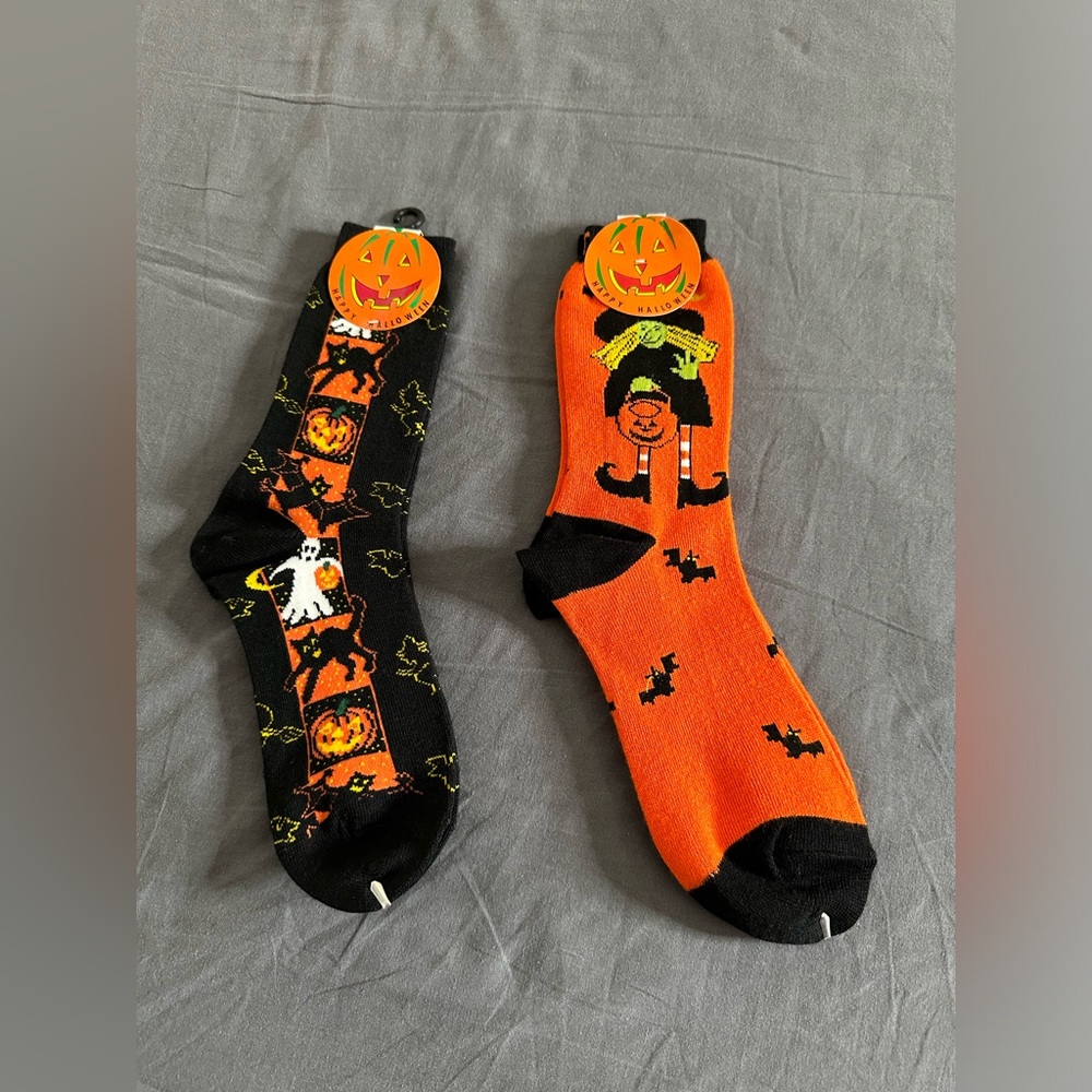 Happy Halloween Witch And Cat Socks 2 Pairs - Black  & Orange Size 9 - 11
